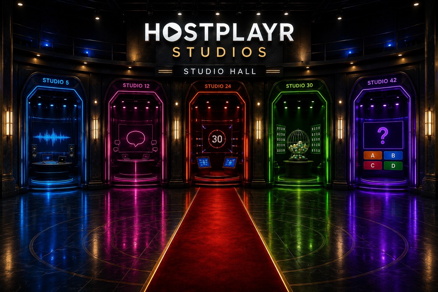 Virtuele HostPlayr studio met presentatieschermen